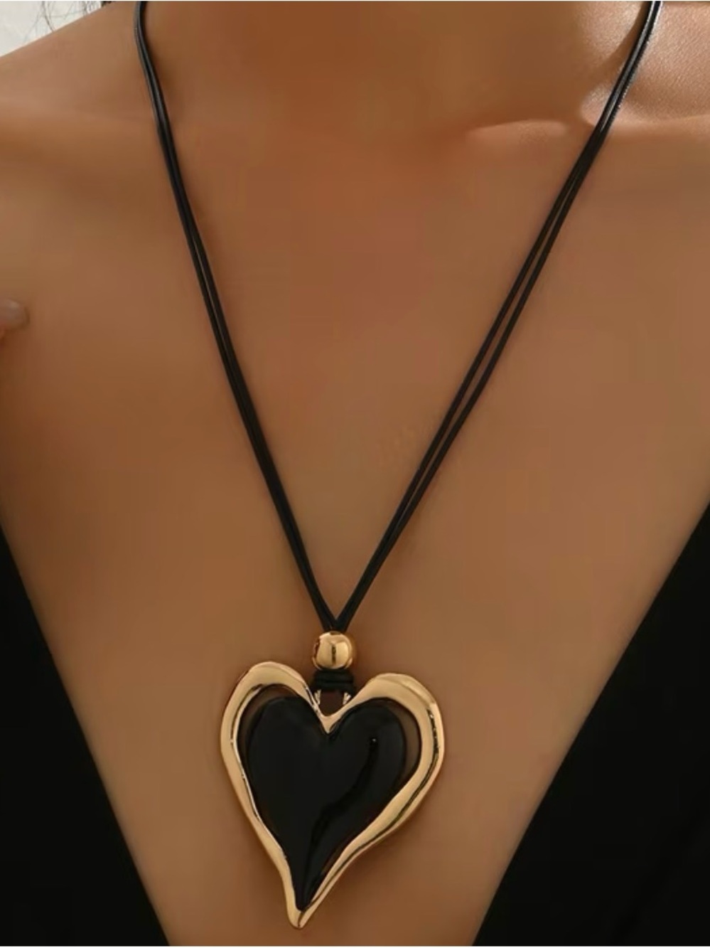 Gold-Tone Heart Pendant Necklace with Black Enamel - Women's Jewelry
